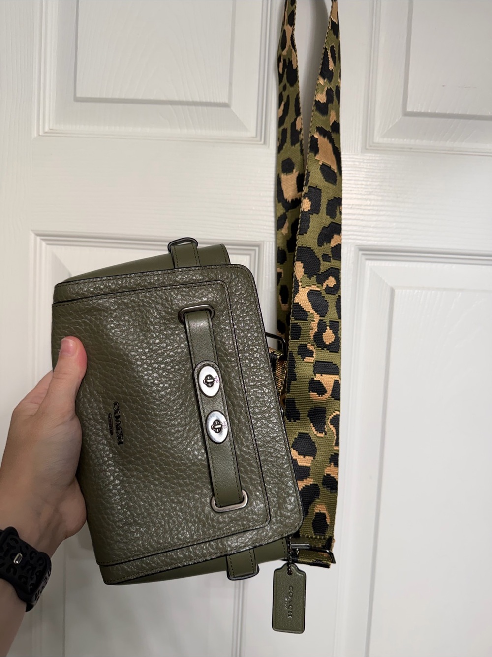 Coach Olive Green Pebbled Leather Crossbody with Leopard Print Strap